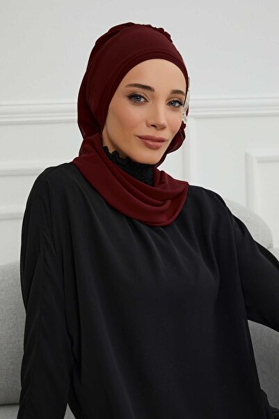 Aisha's Design Έτοιμο τουρμπάνι από σιφόν με πλαϊνά βολάν και αξεσουάρ λουλουδιών, HT-102, HT-102, μπορντό-χρυσό