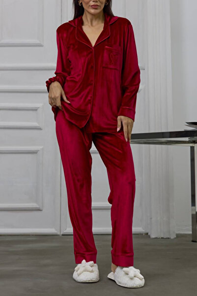 Gizotti Kırmızı Gofrajlı Kalp Nakışlı Uzun Kadife Pijama Takımı