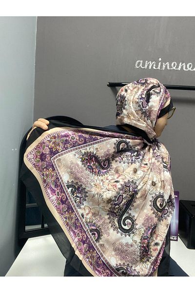 AMİNENESİL Μωβ Μπεζ Ammonenesil Moda Cashmere Μαλακό Βαμβακερό Σάλι - Ethnic Pattern