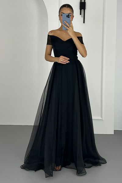 Lafaba Schwarzes Damen-Abendkleid mit U-Boot-Ausschnitt und langem Versprechen für Verlobung und Hochzeit