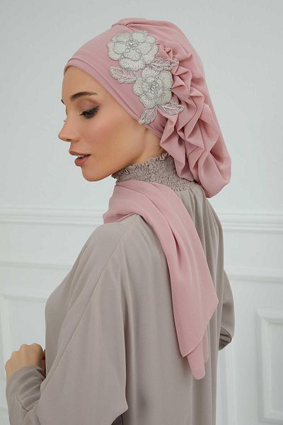 Aisha's Design عمامة شيفون جاهزة - كشكشة جانبية وإكسسوارات زهور، HT-102، HT-102