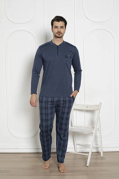 bie's Ανδρικό σετ πιτζάμες με καρό σχέδιο Lycra βαμβακερό μακρυμάνικο χειμερινό Interlock με τσέπη στο στήθος
