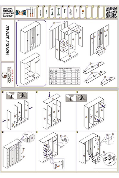 Kenzlife Gardırop 6 Kapılı Çekmeceli Begonvil180 Gri Kapaklı Gardolap Dolap