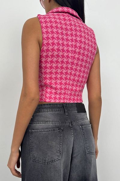 bayansepeti Fuchsia Houndstooth Patterned Button Detailed Shirt Collar Crop Vest 23s12002