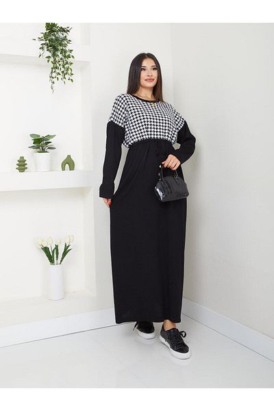 QUAWEAR Round Crew Neck Adjustable Cord Drawstring Mercerized Ensek Fabric Full Length Dress