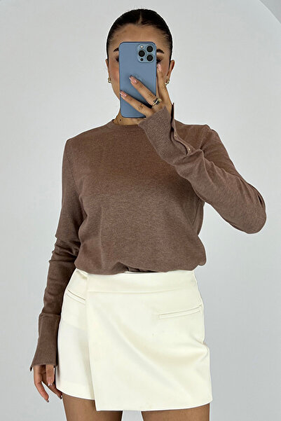 Lafaba Women's Mink Crew Neck Buttoned Knitwear Sweater