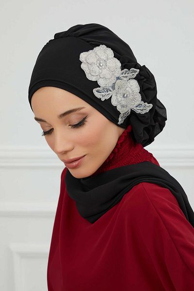 Aisha's Design ChiFFon ready Turban - Side ruFFle and Flower Accessory, HT-102, HT-102