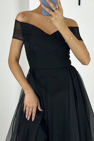 Lafaba Dámské černé zásnubní svatební zásnubní večerní šaty s lodičkovým výstřihem