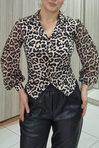 Maya Butik Leopar Kollar Şifon Tasarım Bluz - 3015