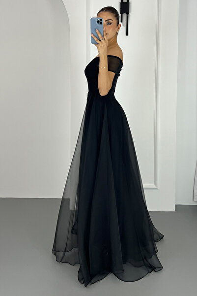 Lafaba Dámské černé zásnubní svatební zásnubní večerní šaty s lodičkovým výstřihem