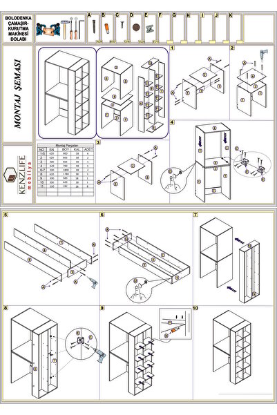 Kenzlife Çamaşır-Kurutma Makinesi Dolabı Bolodenka Byz 180*090*60 Banyo Kapaksız Arkalıksız