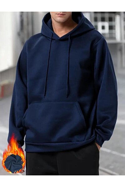 FİTGO Чоловічий синій світшот з капюшоном і кишенями