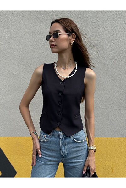 Azimutgiyim Women's Black V-Neck Vest