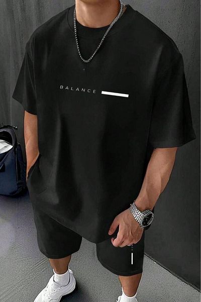 Syndra Men's Black Balance Printed Shorts Tshirt Set