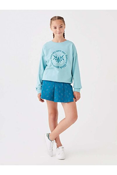 LC Waikiki LCW Kids Туркиз велосипедна блуза с дълъг ръкав и принт на врата з...