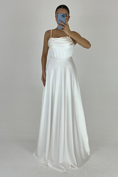 Lafaba Women's White Thin Straps Back Rope Lacing Detail Evening Dress