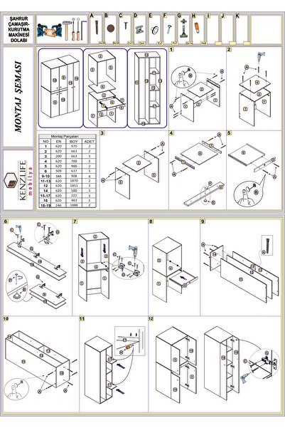 Kenzlife Çamaşır-Kurutma Makinesi Dolabı Şahrur Sol Byz 187*120*60 Çekmeceli Banyo