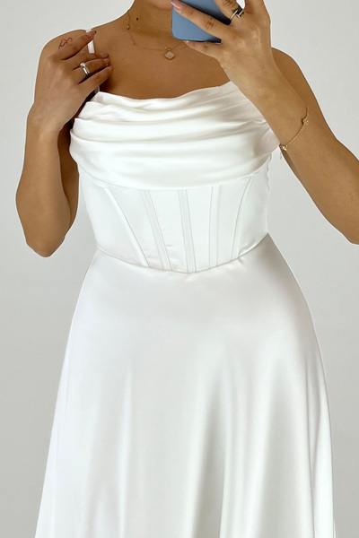 Lafaba Women's White Thin Straps Back Rope Lacing Detail Evening Dress