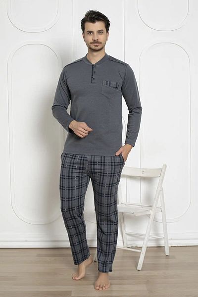 bie's Ανδρικό σετ πιτζάμες με καρό σχέδιο Lycra βαμβακερό μακρυμάνικο χειμερινό Interlock με τσέπη στο στήθος