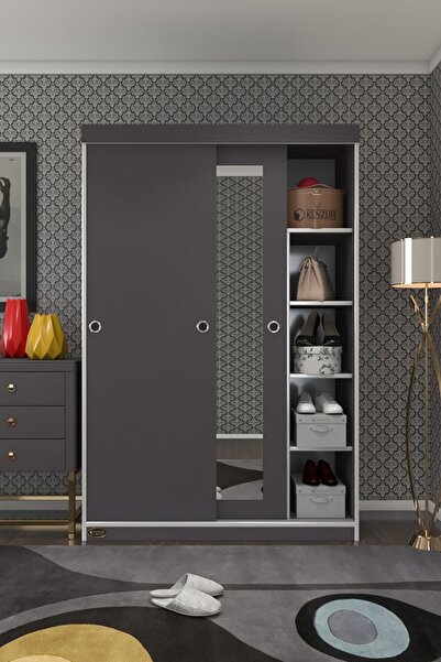 Kenzlife Gardırop Sürgülü Kapaklı Kapılı 120 Papatya Gri Aynalı Gardolap Dolap