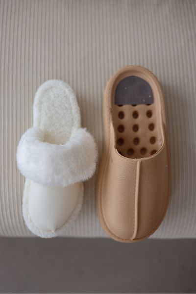 selinshoes Lola Women's Slippers - Inside Plush, Button Detail, Beige