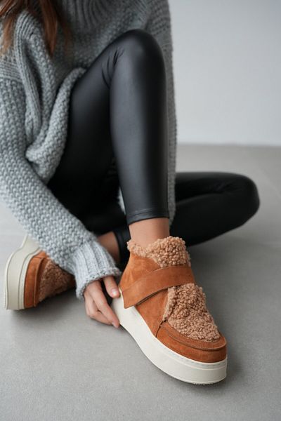 selinshoes Marvil Genuine Suede Plush Detailed Velcro Women's Boots - Taba