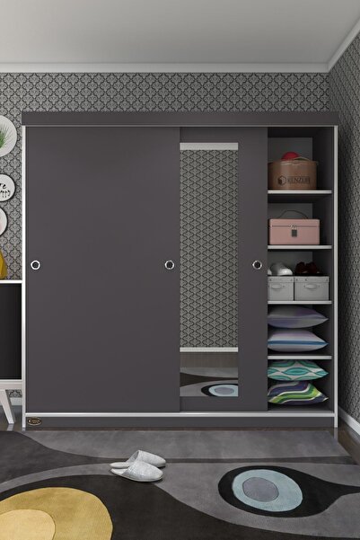 Kenzlife Gardırop Sürgülü Kapaklı Kapılı 180 Papatya Gri Aynalı Gardolap Dolap