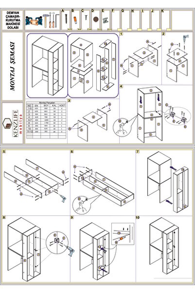 Kenzlife Çamaşır-Kurutma Makinesi Dolabı Demyan Byz 180*090*60 Banyo Arkalıksız + Tekli Duvar Rafı Hediyeli