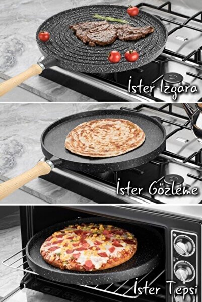 NEW HOUSE Çift Taraflı Granit Döküm Gözleme Bazlama Sapı Çıkabilir Izgara Tav...