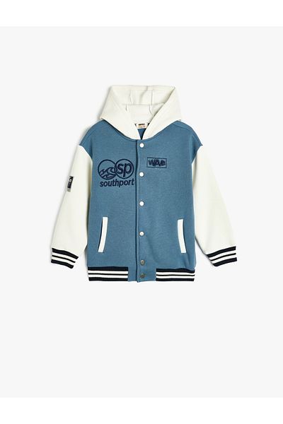 Koton Hooded Color Contrast College Jacket - with Applique Detail and Snaps