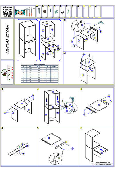 Kenzlife Çamaşır-Kurutma Makinesi Dolabı Avi Senna Byz 187*070*60 Çekmeceli + Tekli Duvar Rafı Hediye