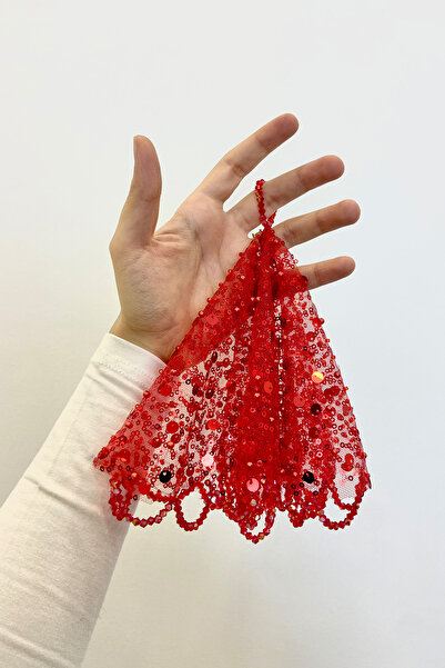 ZEYMERADE Kırmızı Gelin Damat Mendili, Pul Payet İnci ve Kristal Taş Detaylı,...