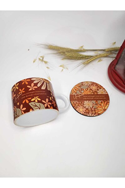 VRHediye Flowers Brown Series Nescafe / Teacup Wooden Base Gift Set