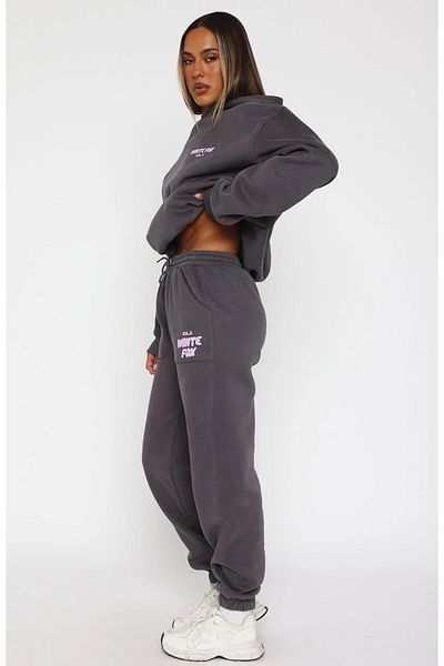 The Champ Clothing White Fox, damă, gri fum, cu buzunare elastice în talie, roz Vol 3, cu imprimeu, cu picior elastic, fund de pantaloni de sport