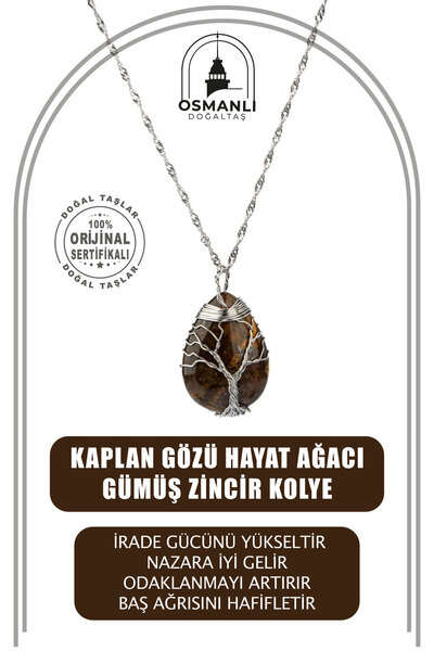 OSMANLI DOĞAL TAŞ Kaplan Gözü Hayat Ağacı Doğal Taş Gümüş Zincir Kolye