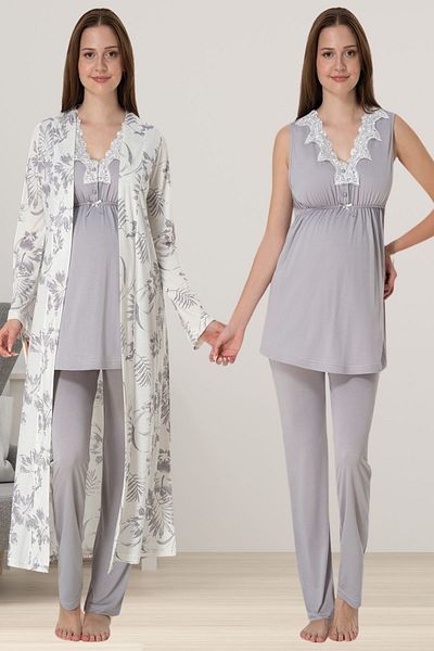 ByLohusa Effortt Gray Maternity Pajama Set with Dressing Gown