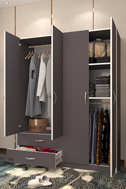 Kenzlife Gardırop 4 Kapaklı Kapılı 2 Çekmeceli Orkide Gri 180*120*42 Gardolap Dolap