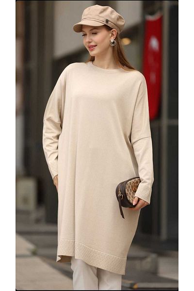 QUAWEAR Crew Neck Off Shoulder Bat Sleeve Oversize Fit Flexible Mercerized Fabric Hijab Tunic