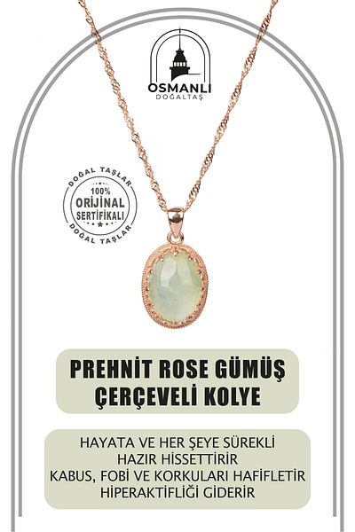 OSMANLI DOĞAL TAŞ Prehnite Natural Stone Rose Silver Framed Necklace