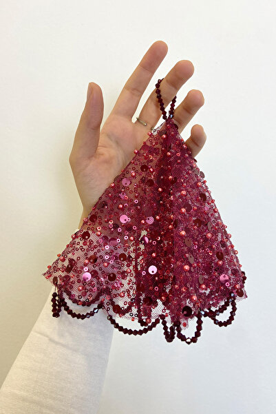 ZEYMERADE Bordo Gelin Damat Mendili, Pul Payet İnci ve Kristal Taş Detaylı, D...