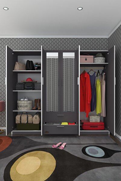 Kenzlife Gardırop 6 Kapılı Çekmeceli Begonvil210 Gri Aynalı Kapaklı Gardolap ...