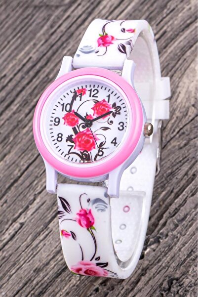 Saattino Pembe Gül Desenli Beyaz Renk 4-12 Yaş Rakamlı Çocuk Saati Hediyelik ...