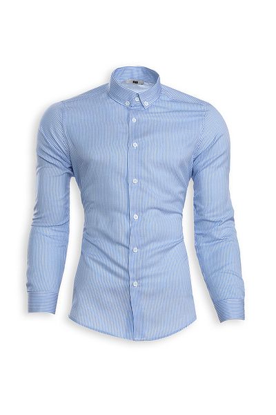 King Brothers Μπλε λεπτές ρίγες Slim Fit Απλό βαμβακερό γιακά με μακρυμάνικο ανδρικό κλασικό πουκάμισο
