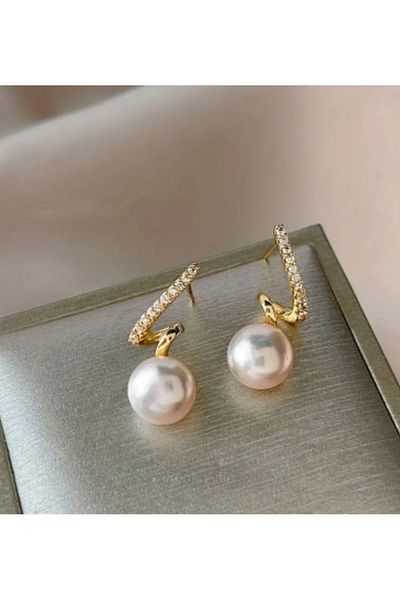 ER TAKI Stylish Elegant Engagement Henna Wedding Evening Dress Earrings with Gold Colored Rhinestone Pearl Model