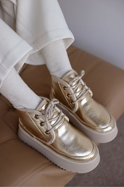selinshoes Γυναικείες μπότες Hugo Lace-Up με χοντρή σόλα με γούνα εσωτερικά - GOLD