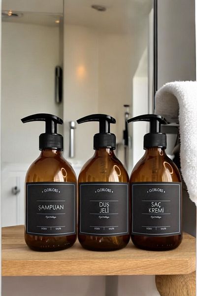 GO BLOBS Set of 3 300ml Amber Shampoo & Shower Gel & Conditioner Bottle with Black Label