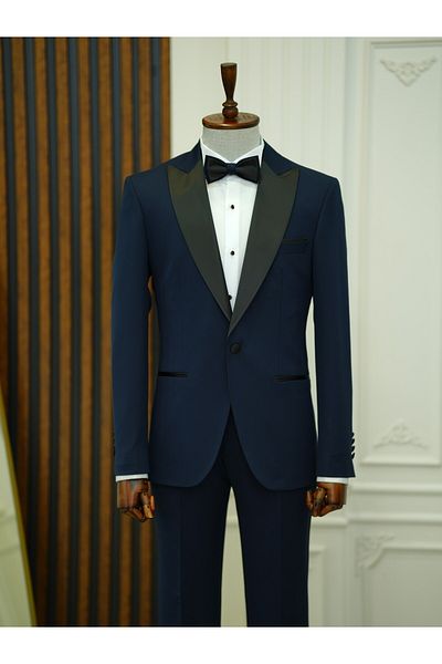 LONATOLİA Men's Premium Tuxedo Swallow Collar Italian Style Jacket Pants Bow Tie - Navy