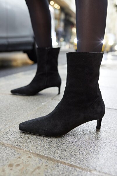 GLAZA Kadin Siyah Gerçek Süet Kısa Topuklu Bot