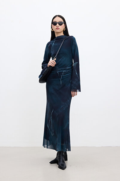 Manuka Φόρεμα από τούλι με φουσκωτό μανίκι με βαθύ πράσινο σχέδιο