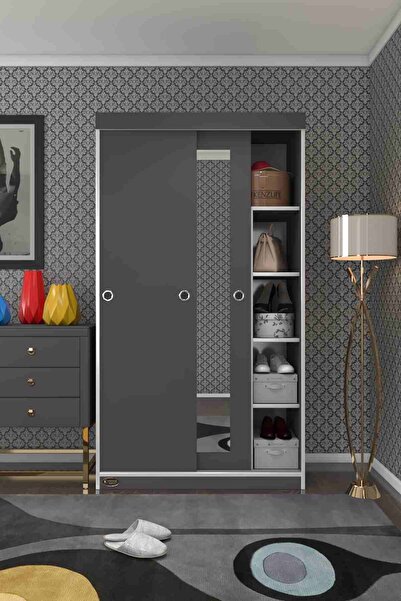 Kenzlife Gardırop Sürgülü Kapaklı Kapılı 100 Papatya Gri Aynalı Gardolap Dolap